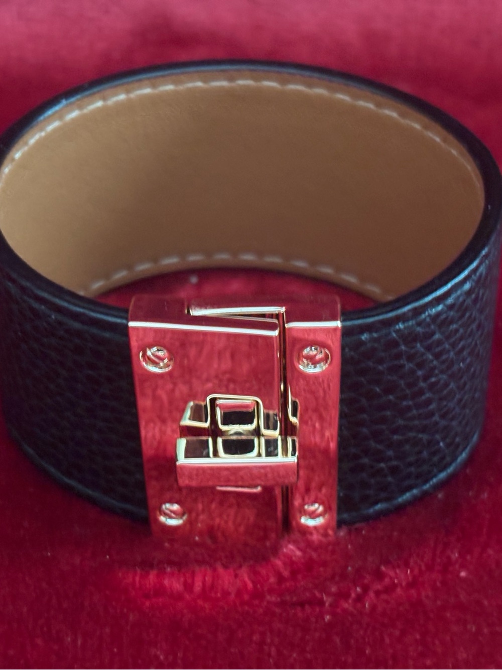 Black Leather Cuff Bracelet with Gold Turn-Lock Closure